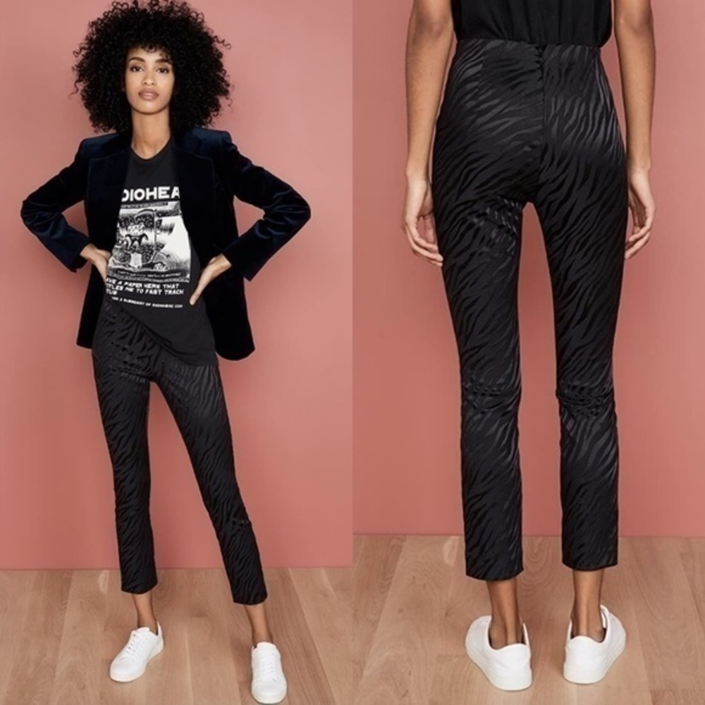 Rag and Bone Black Simone Italian Jacquard Zebra Tiger Print Slim Fit Pants